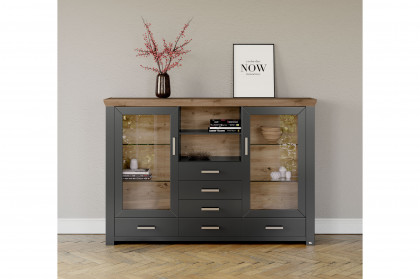 New York von set one by Musterring - Highboard in Anthrazit und Eiche inklusive Beleuchtung
