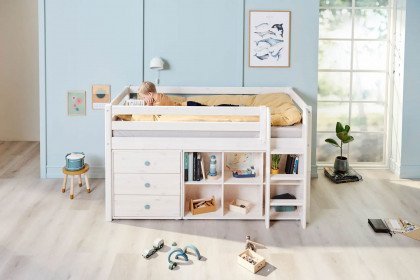 Classic von FLEXA - halbhohes Kinderbett mit Stauraum Kiefer white washed